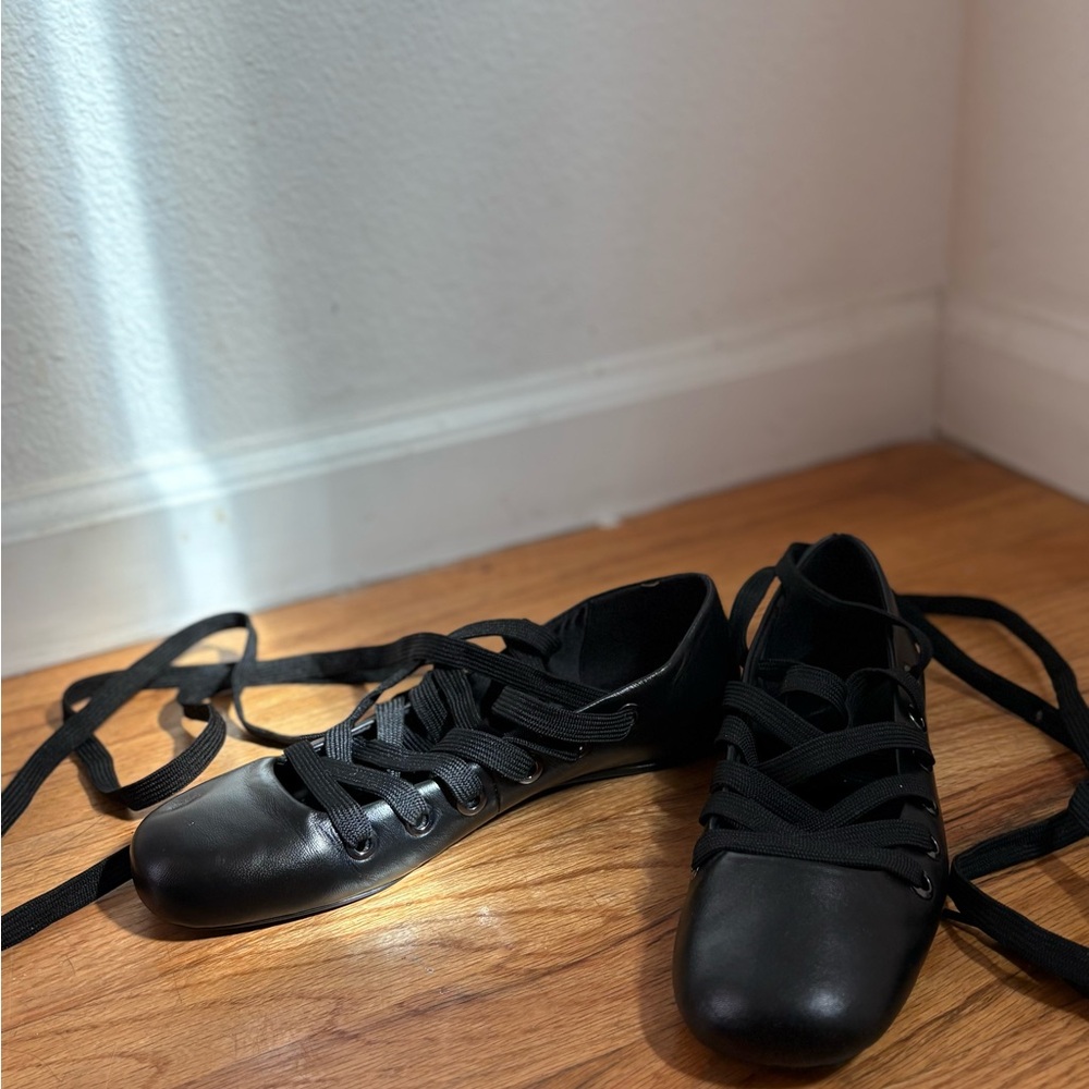 Zara Black Lace-Up Leather Flats